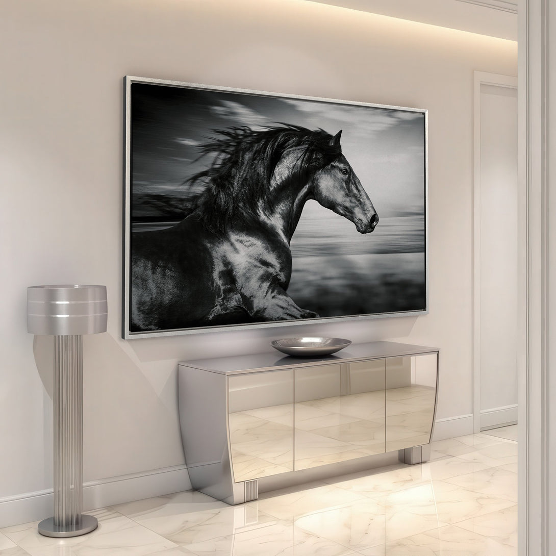 Framed Wall Art: Majestic black horse canvas print in a modern interior. Monochrome artwork adds elegance to any space.