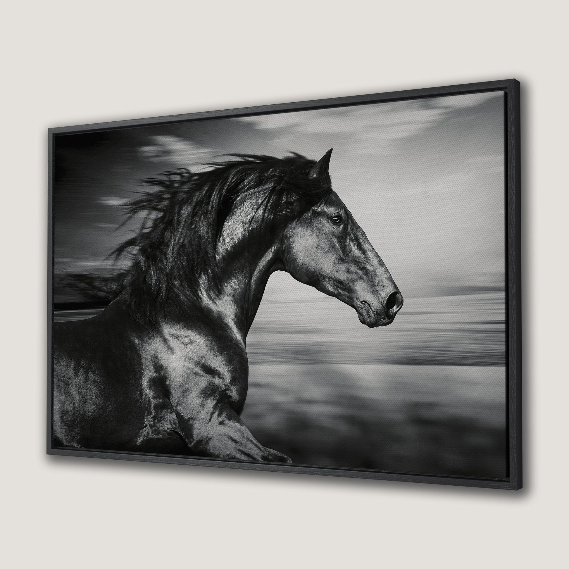 Black and White Running Horse Canvas Print Wall Art
