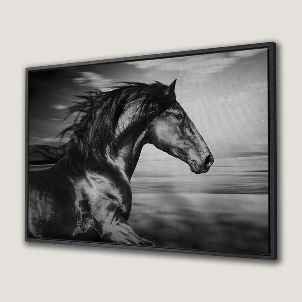 Framed Wall Art: Stunning black & white Canvas Print of a running horse. Modern, minimalist style, perfect for adding elegance to any space.
