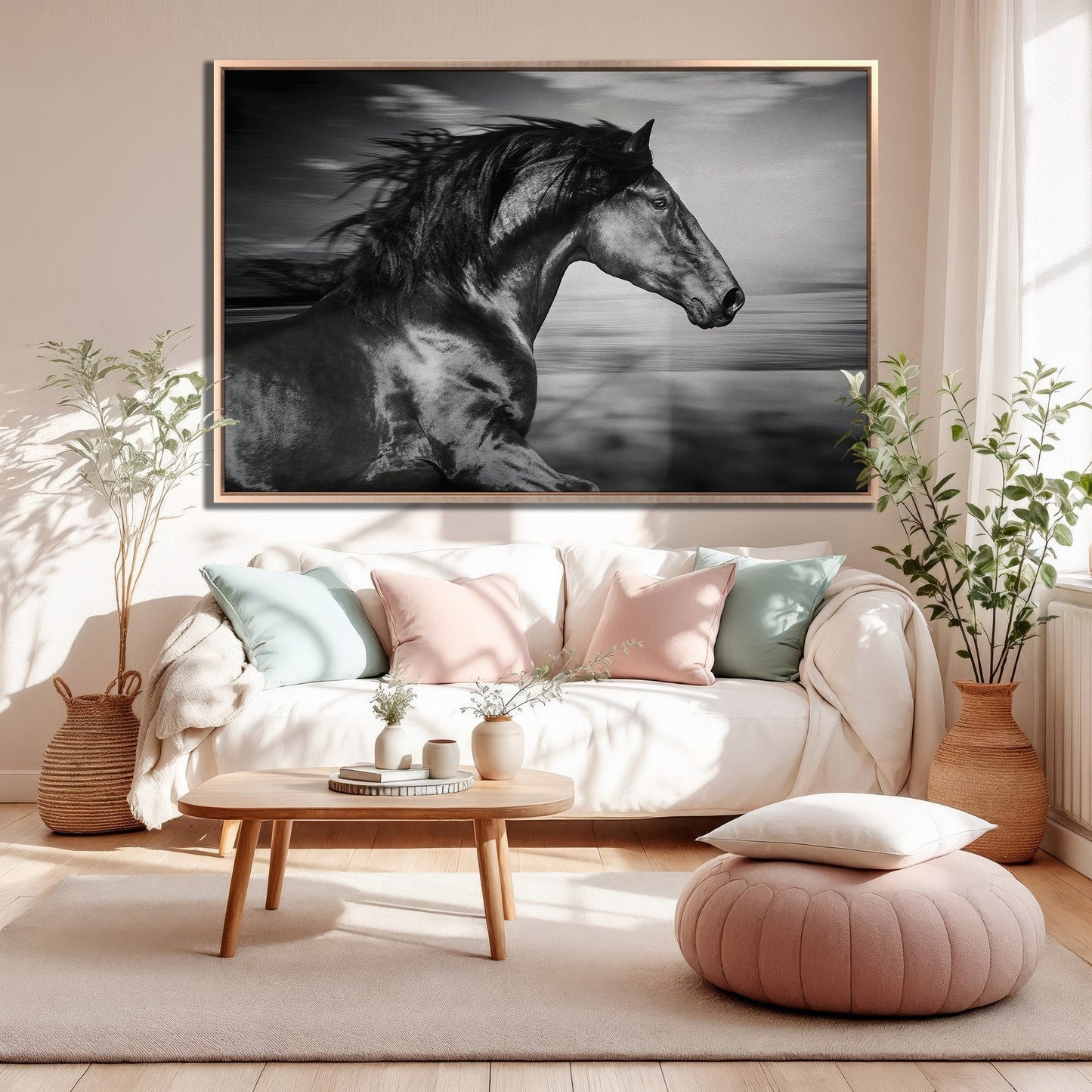 Black and White Running Horse Canvas Print Wall Art