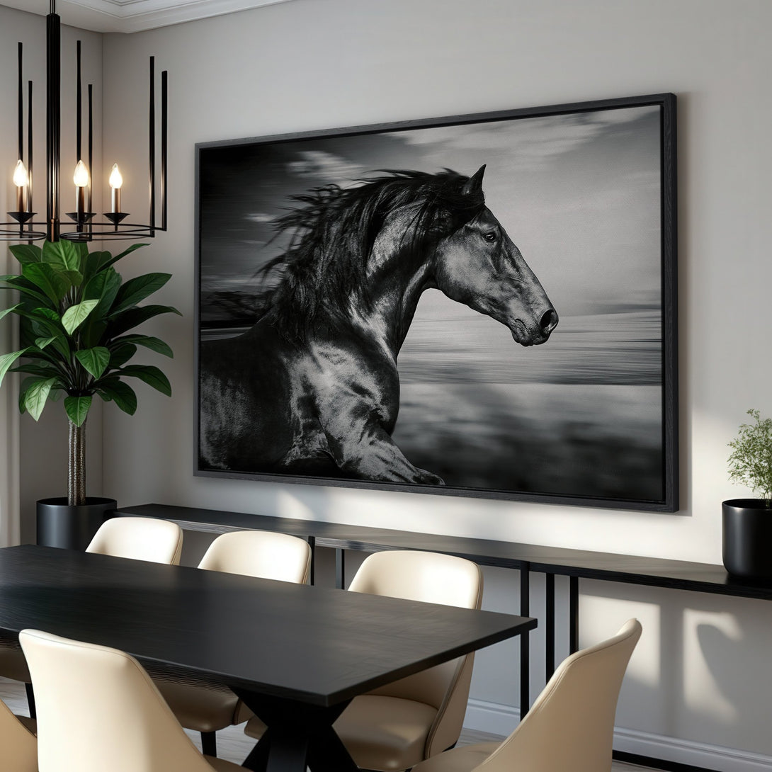 Framed Wall Art: Stunning black & white horse Canvas Print. Modern decor with a monochrome palette. Elevate your space with this captivating artwork.