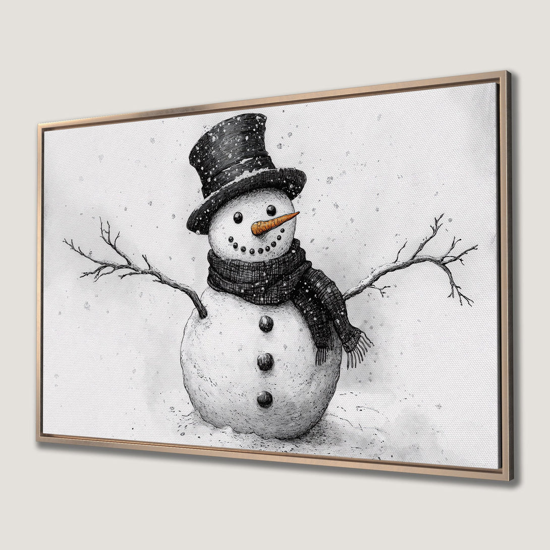 Framed Wall Art: Whimsical snowman illustration in black and white with a pop of orange. Perfect winter decor!