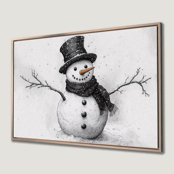 Framed Wall Art: Whimsical snowman illustration in black and white with a pop of orange. Perfect winter decor!
