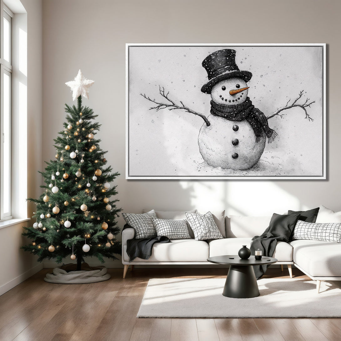 Framed Wall Art: Charming black & white snowman illustration. Perfect winter decor for your home. Neutral palette complements any interior style. Shop now!