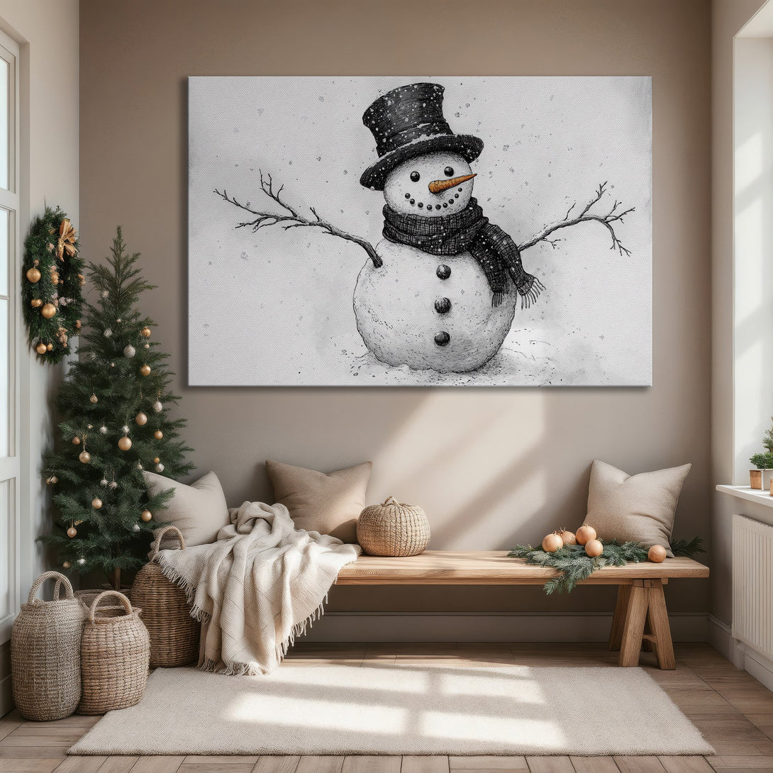 Framed Wall Art: Charming snowman illustration in grayscale, perfect for winter decor. Neutral color palette complements any interior style. Add cozy vibes!