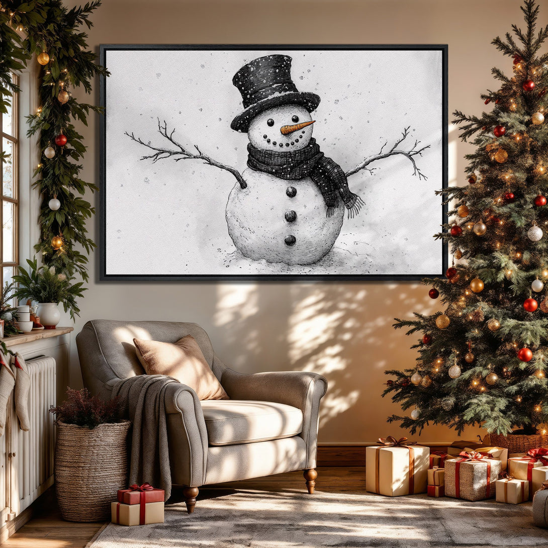Framed Wall Art: Charming winter snowman art in a cozy holiday scene. Black and white illustration with a touch of orange, perfect for Christmas decor.