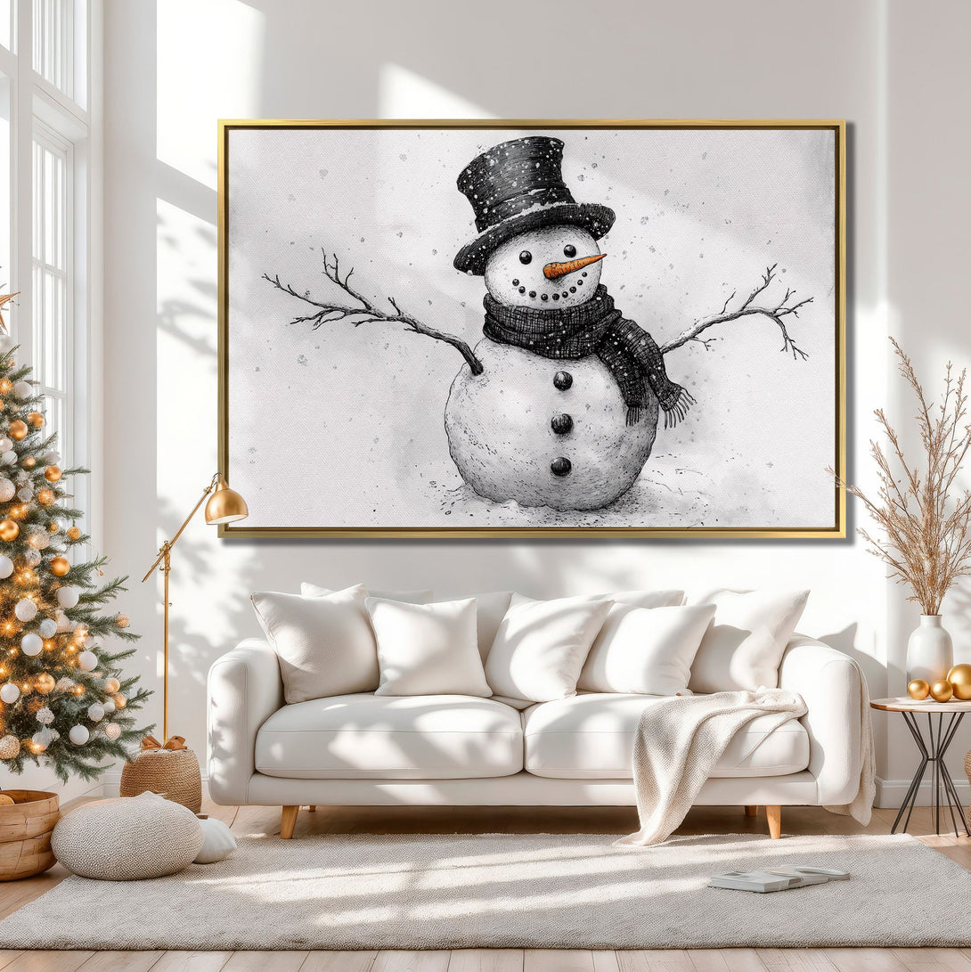 Canvas Print featuring a whimsical snowman illustration in a black and white watercolor style, perfect for holiday decor!