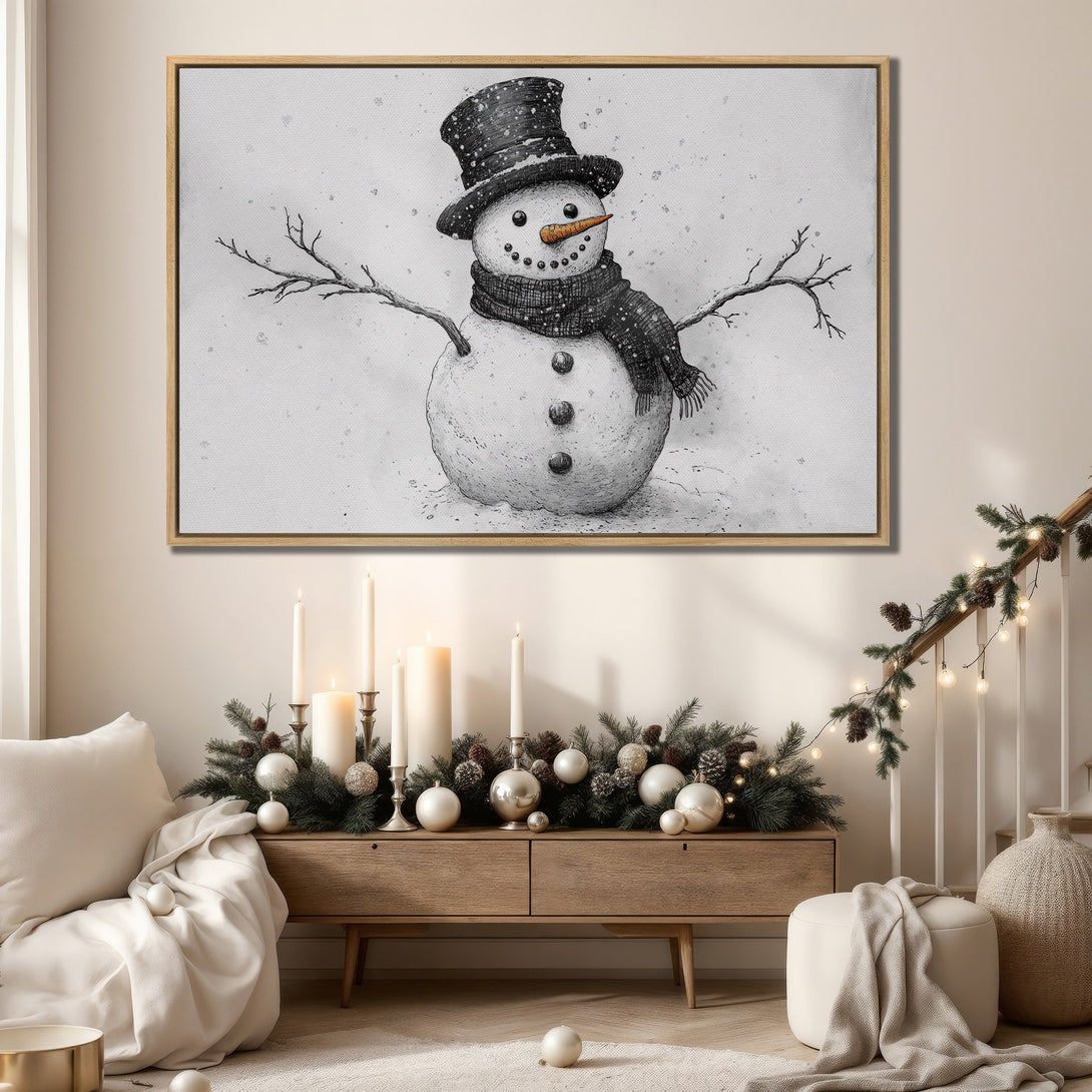 Framed Wall Art: Charming black and white snowman illustration. Perfect winter decor with a neutral color palette for a cozy, festive touch.