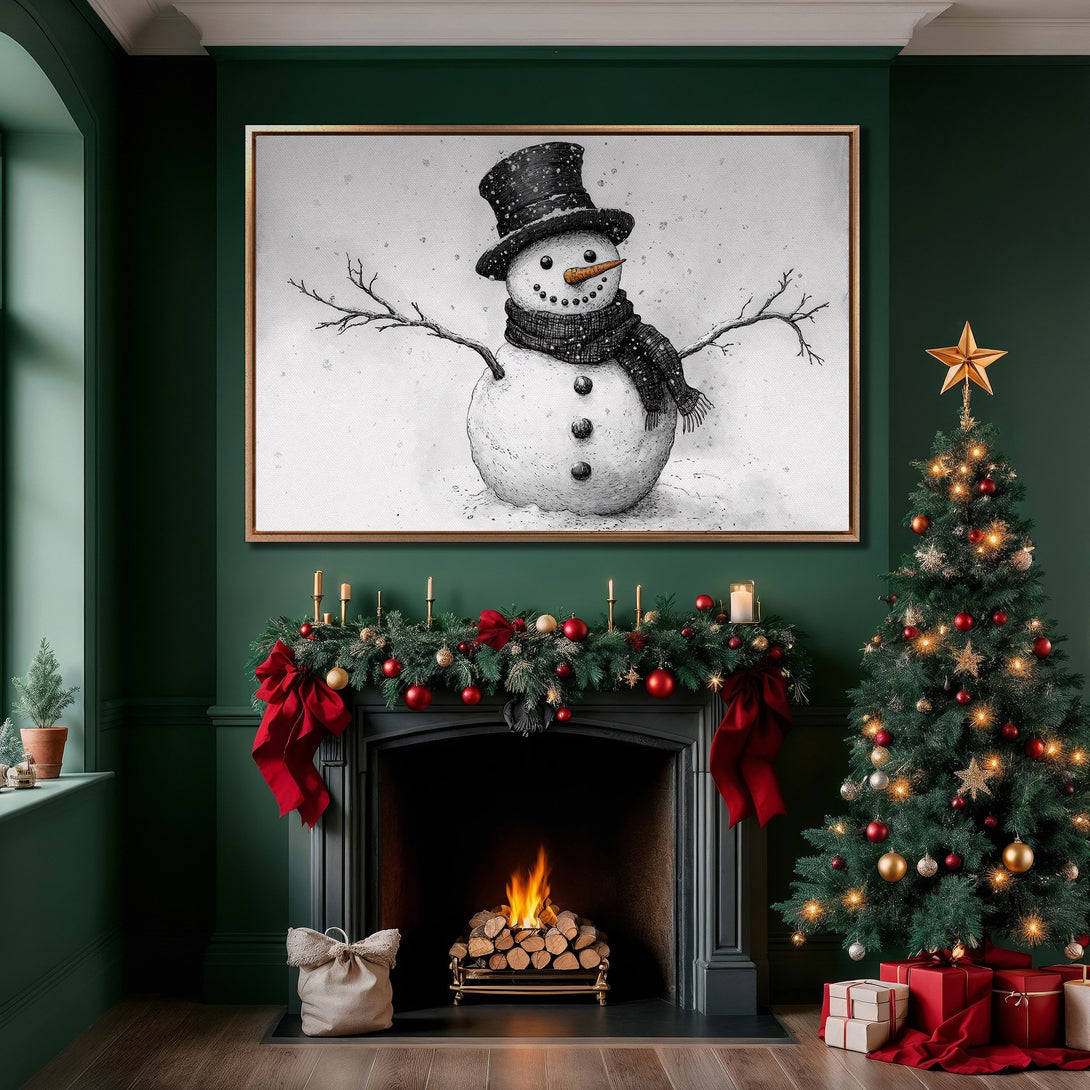 Framed Wall Art: Charming black & white snowman art print in a cozy, festive interior. Features a classic winter scene with a green and red color palette.