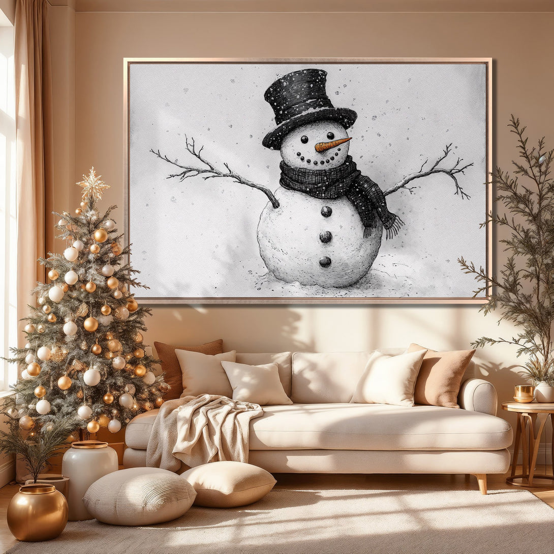 Framed Wall Art: Whimsical snowman illustration in a cozy living room. Neutral color palette with warm tones, perfect for holiday decor.