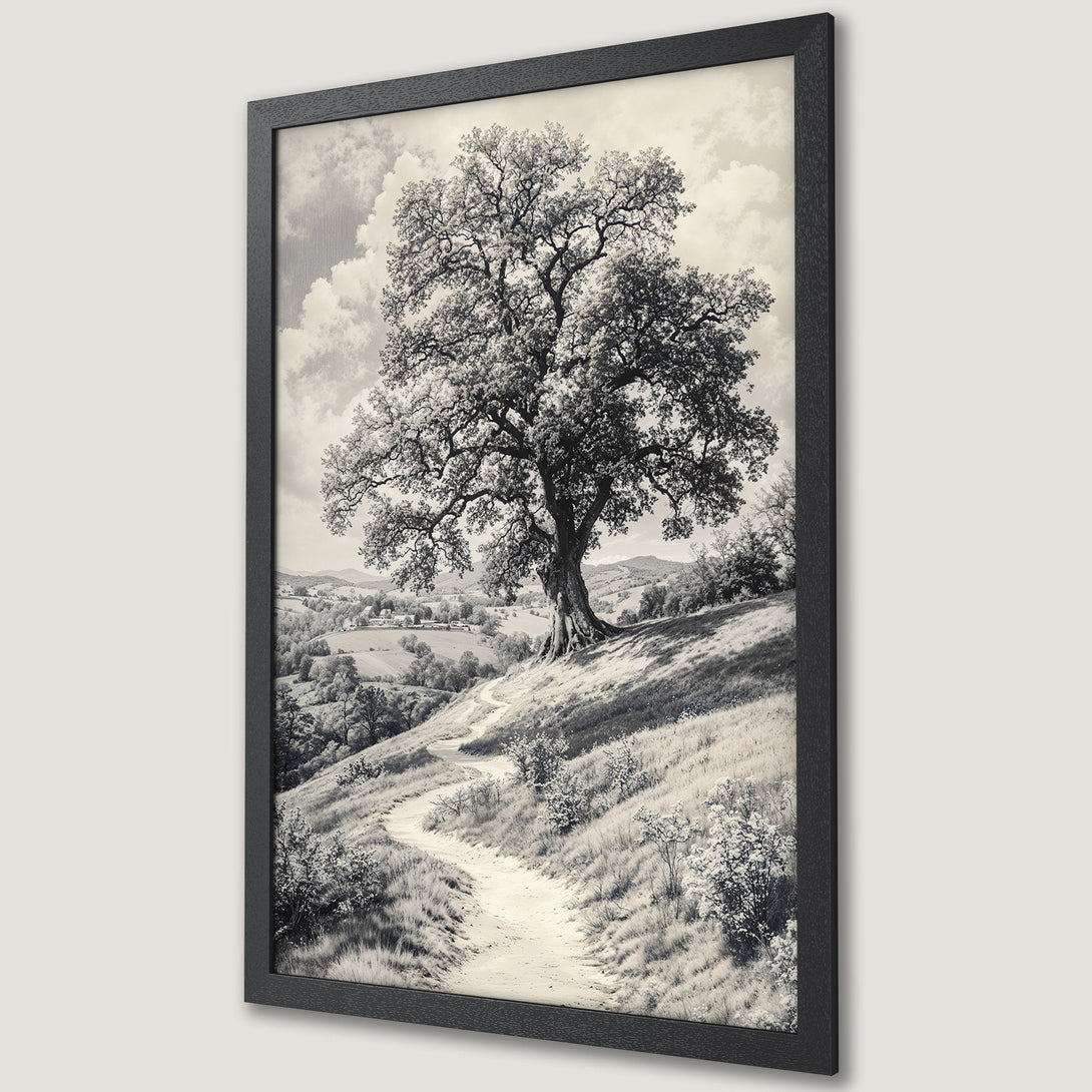 Framed Poster featuring a majestic tree on a hillside. Vintage style, monochrome color palette. Perfect for home decor.