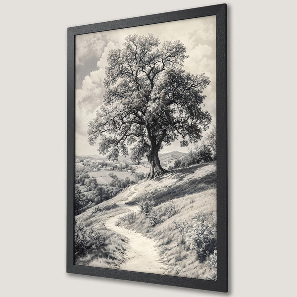 Framed Poster featuring a majestic tree on a hillside. Vintage style, monochrome color palette. Perfect for home decor.