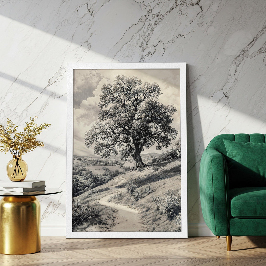 Framed Poster of a majestic tree in sepia tones. Vintage-style art print perfect for home decor. Add a touch of nature!