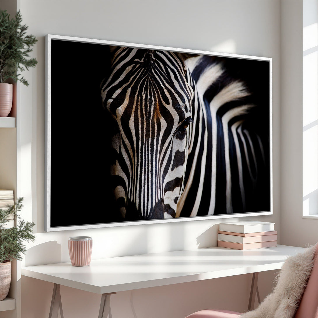 Framed Wall Art: Dramatic zebra portrait in black and white. Modern Canvas Print adds a touch of wild elegance to any space. Shop now!
