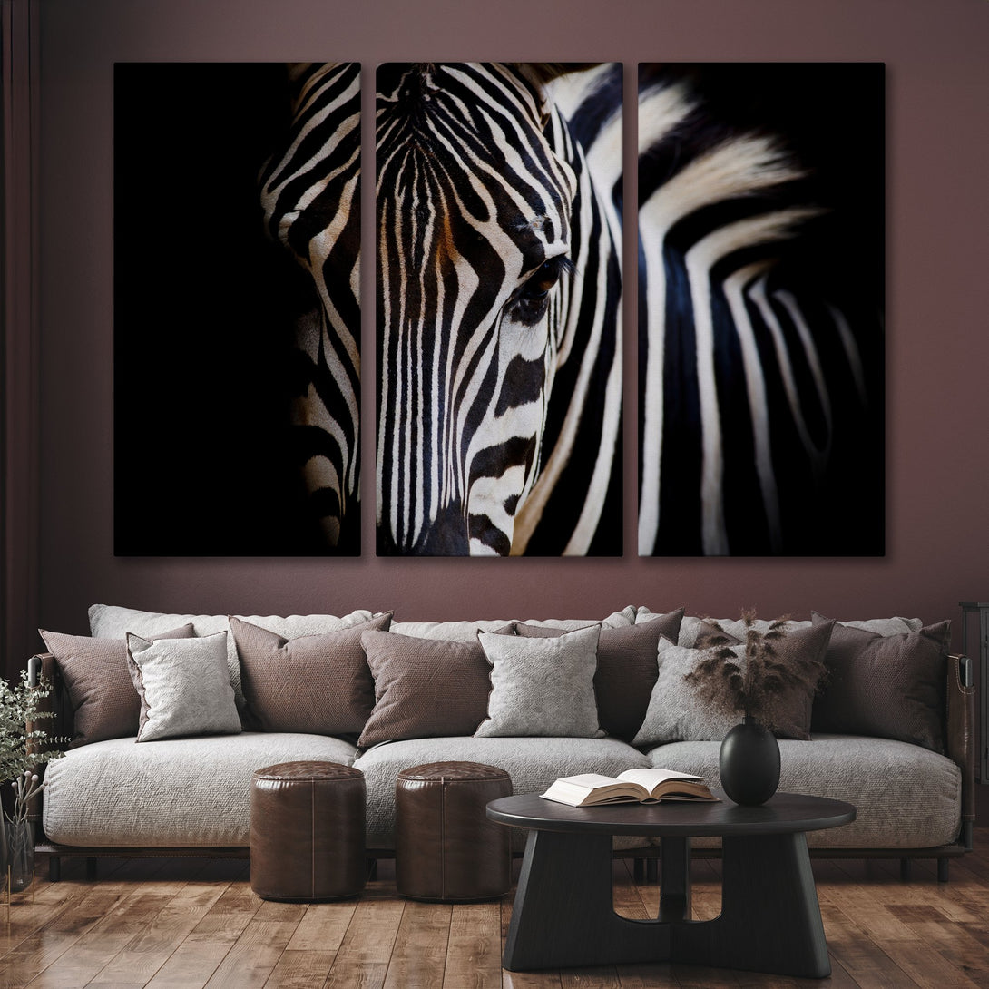 Canvas Print of a zebra's face in black & white. Dramatic animal art with a neutral color palette, perfect for modern home decor.
