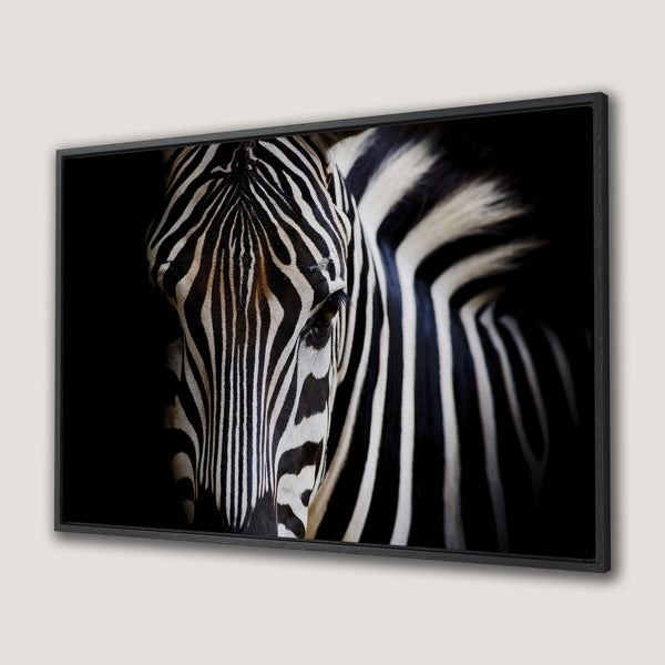 Framed Wall Art: Striking zebra portrait in black and white. Modern canvas print adds a bold statement to any space. Shop animal art!
