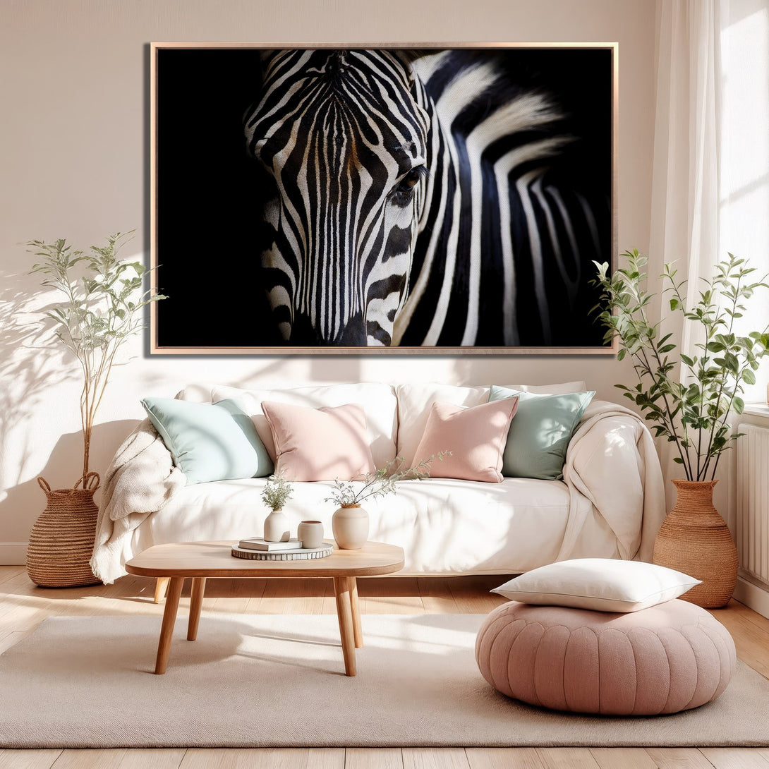 Framed Wall Art: Stunning zebra portrait in black and white, perfect for modern decor. Adds a touch of wild elegance to any room with its neutral palette.
