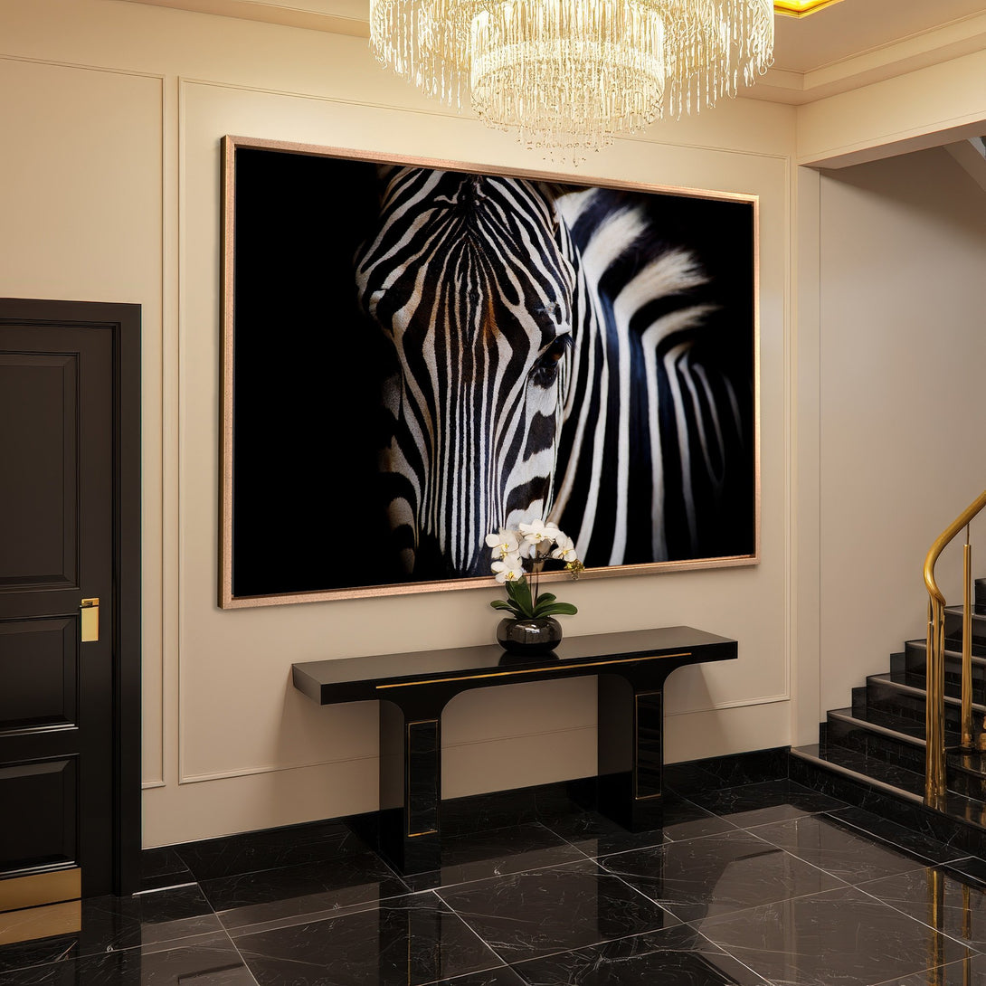 Framed Wall Art: Zebra portrait in black and white, adding a touch of modern elegance to any interior. Shop now!
