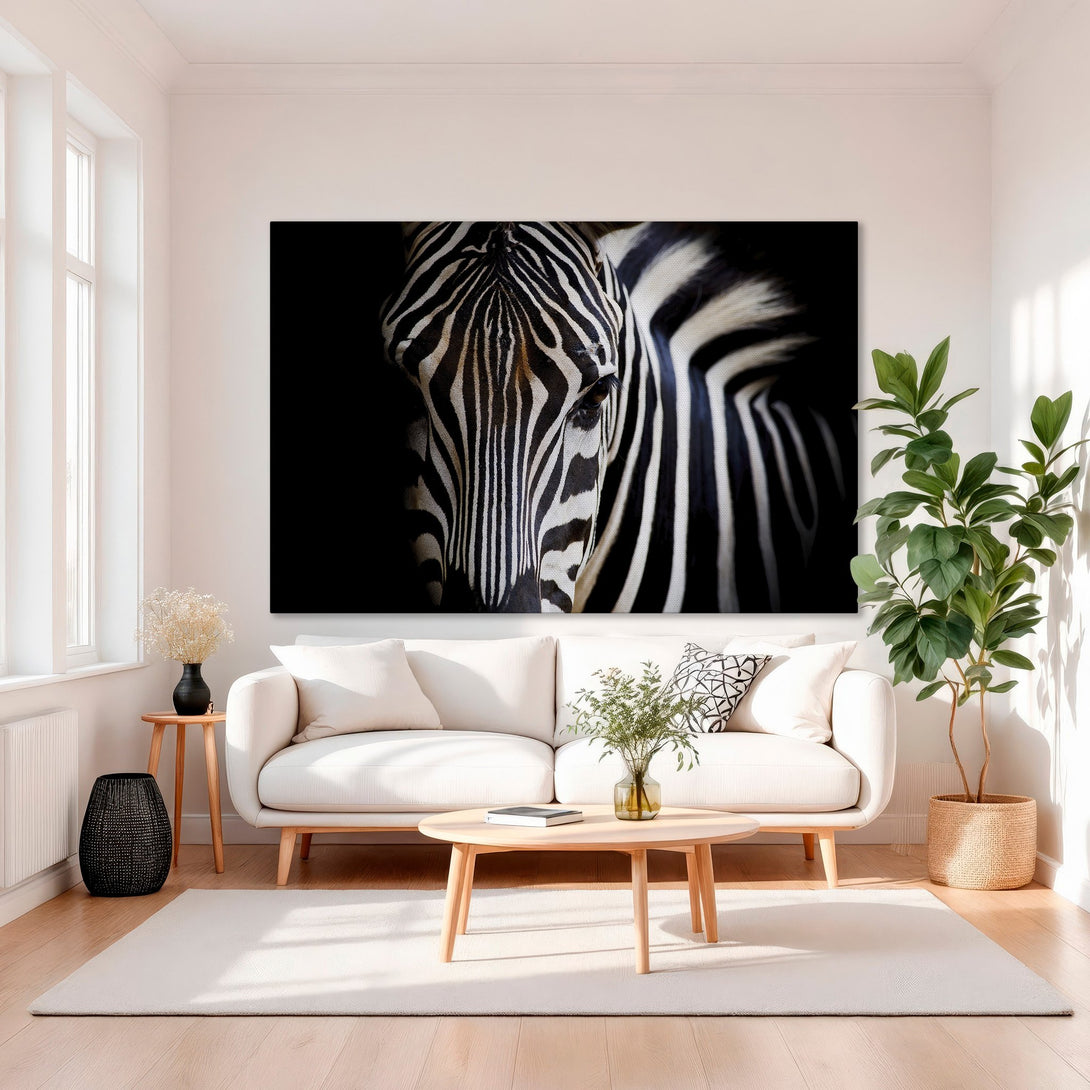 Framed Wall Art: Striking zebra portrait in black and white, adding a touch of modern elegance to any interior. Sophisticated decor with a gold frame.