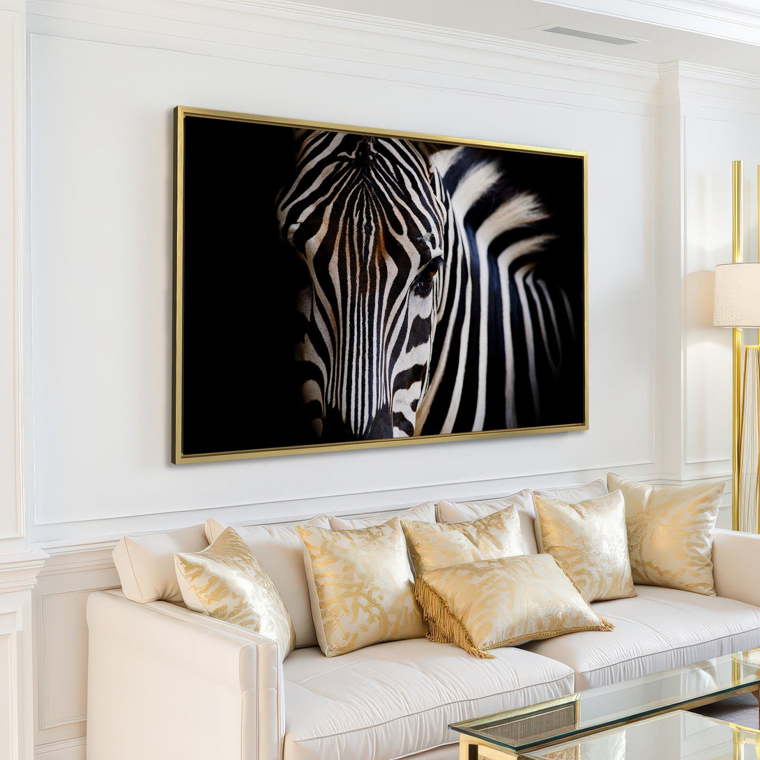 Canvas Print of a zebra's face in black and white, minimalist style. Stunning wall art for modern home decor, adds a bold statement.