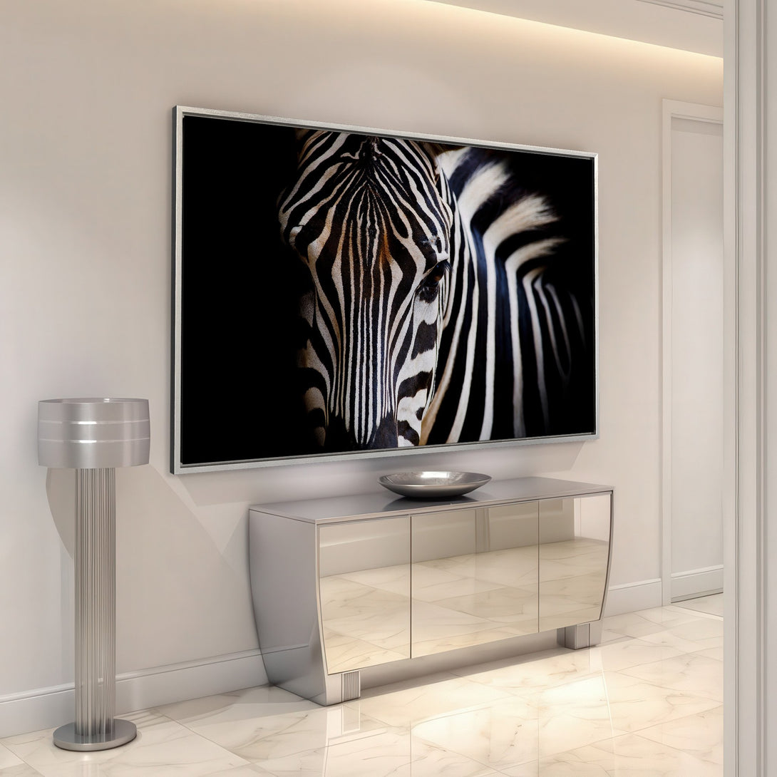 Framed Wall Art: Stunning zebra portrait in black and white, modern style. Perfect for adding a touch of elegance to your home decor.