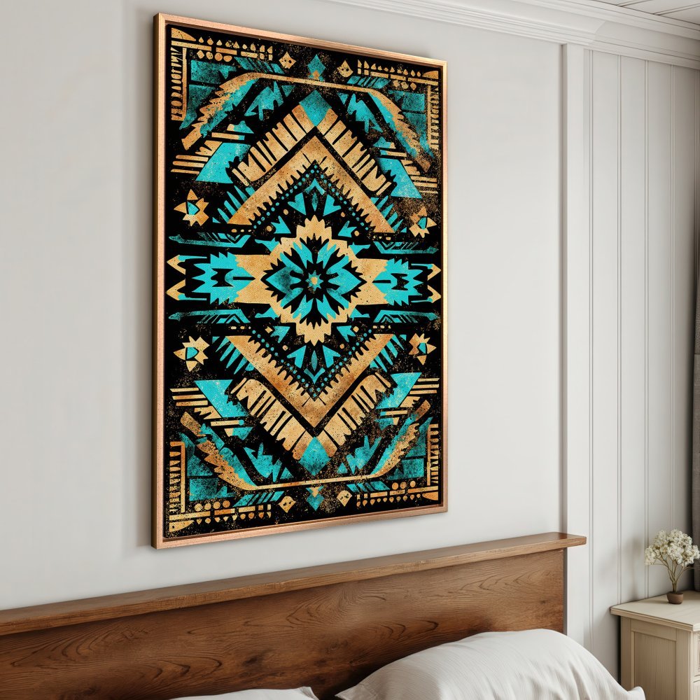 Framed Wall Art: Geometric Aztec design in teal, gold, and black. Add a touch of Southwestern style to your bedroom with this stunning canvas print.