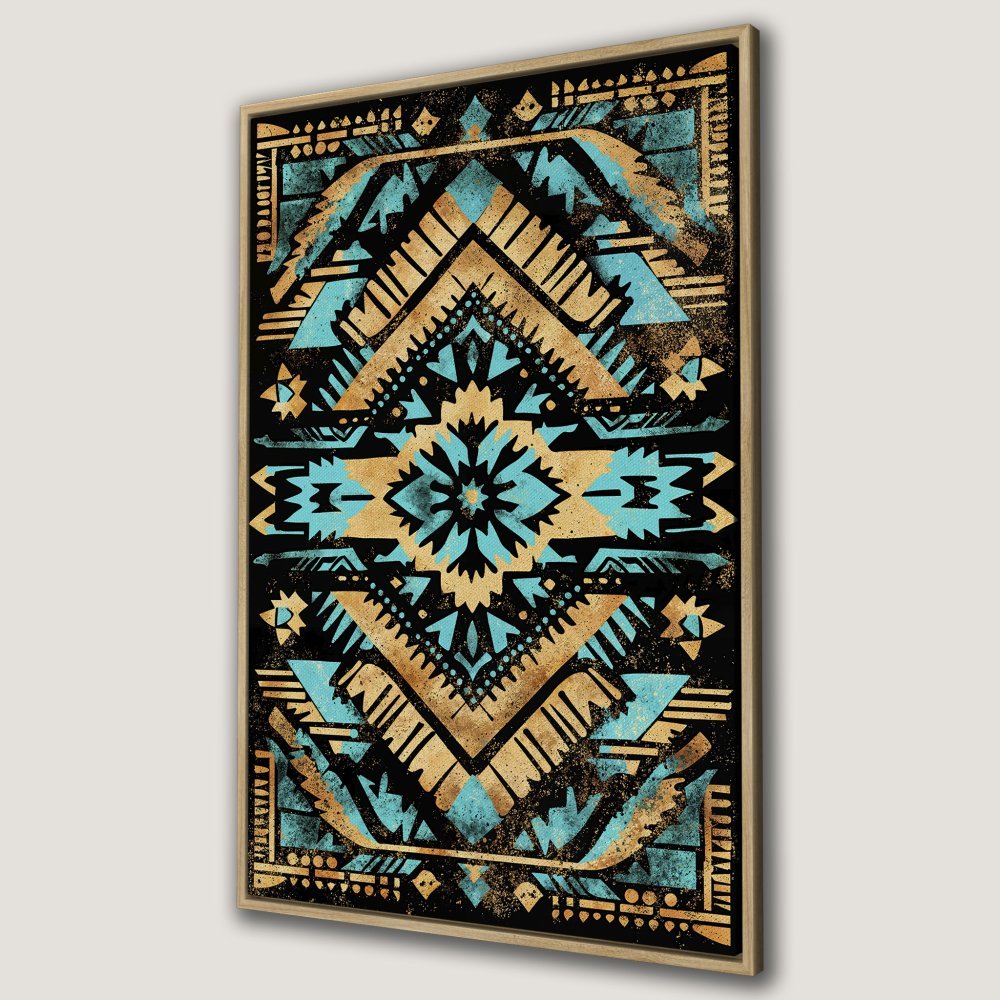Framed Wall Art featuring a geometric Aztec design in teal, gold, and black. Add a touch of bohemian style to your home with this canvas print!