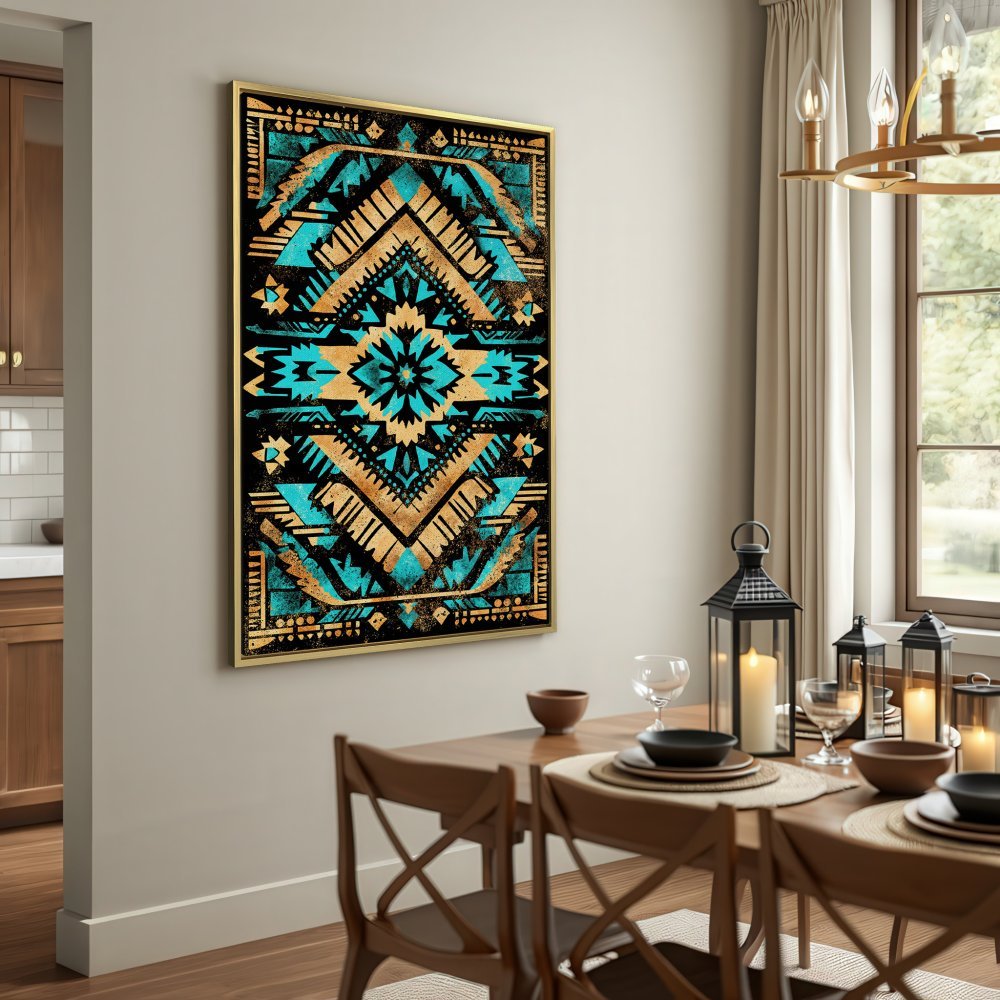 Canvas Print featuring an Aztec-inspired geometric design in teal, gold, and black. Add a touch of boho style to your space!