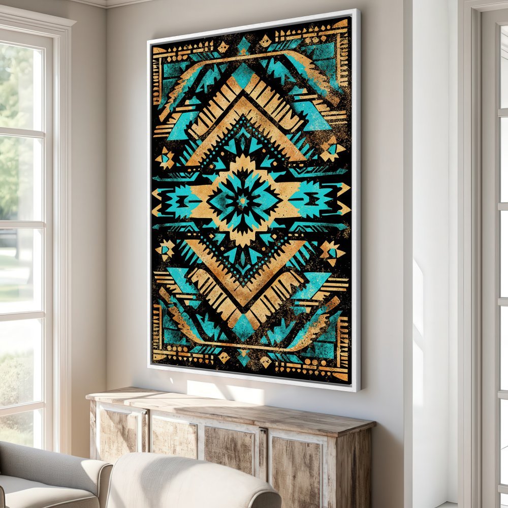 Framed Wall Art featuring a vibrant turquoise and gold geometric design on a black background. Perfect for adding a pop of color and style to your space.