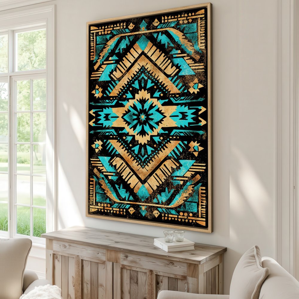 Framed Wall Art: Geometric tribal design Canvas Print in turquoise, gold, and black. Add a touch of boho style to your home decor!