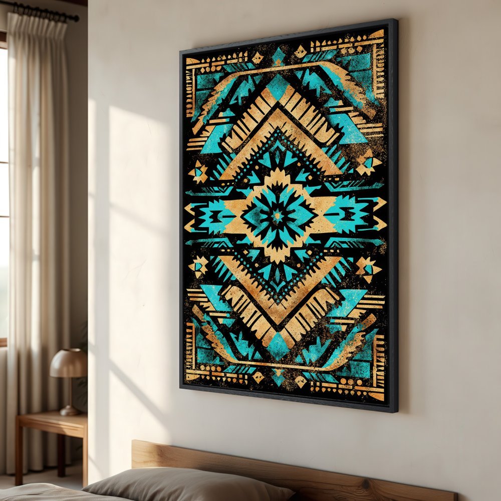 Framed Wall Art: Geometric Aztec design in turquoise, gold, and black. Elevate your space with this stunning canvas print! Modern art for any room.