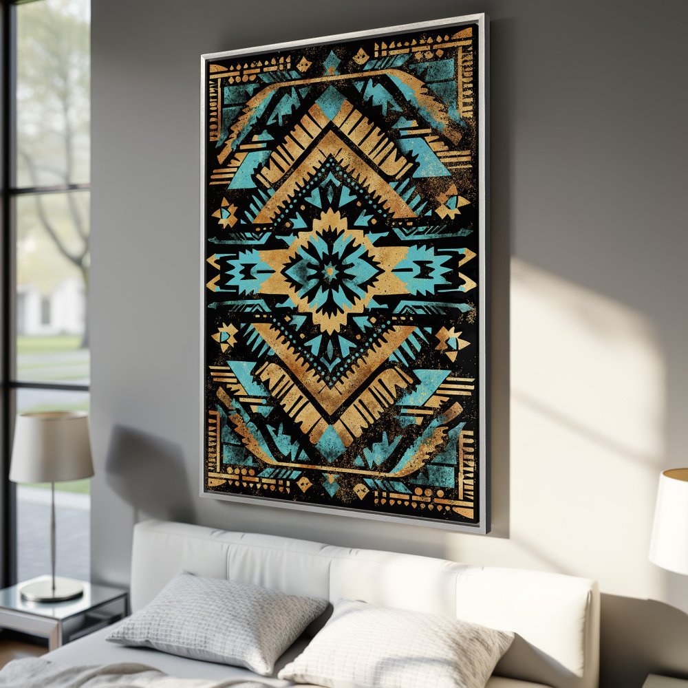 Framed Wall Art: Aztec-inspired geometric design in teal, gold, and black. Perfect for adding a touch of Southwestern style to your bedroom.