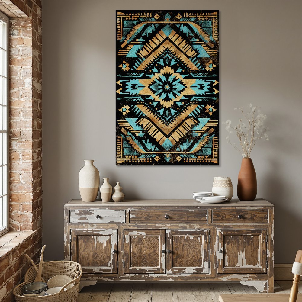 Framed Wall Art: Turquoise & gold geometric design Canvas Print. Boho style art, perfect for dining room decor.