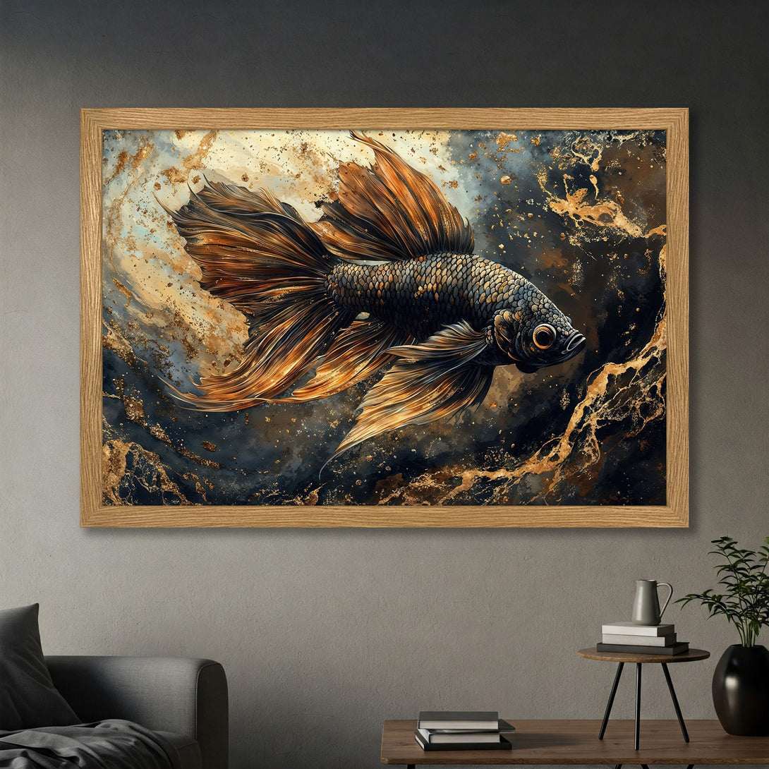 Framed Poster featuring a stunning betta fish in an abstract style with a dark, gold, and brown color palette. Perfect wall art!