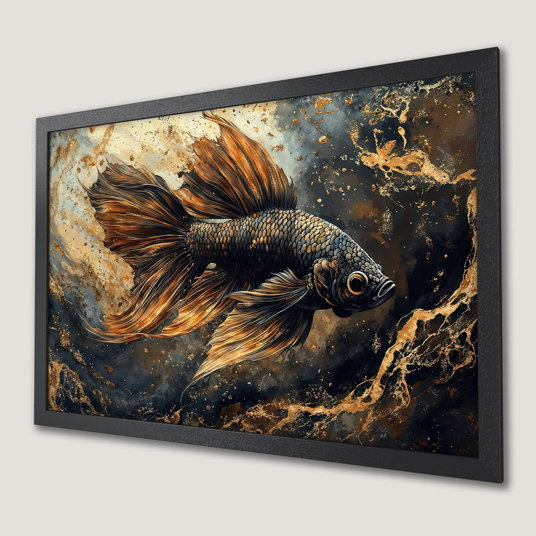 Framed Poster of a majestic betta fish in a dark, gold, and bronze abstract style. Perfect wall art!
