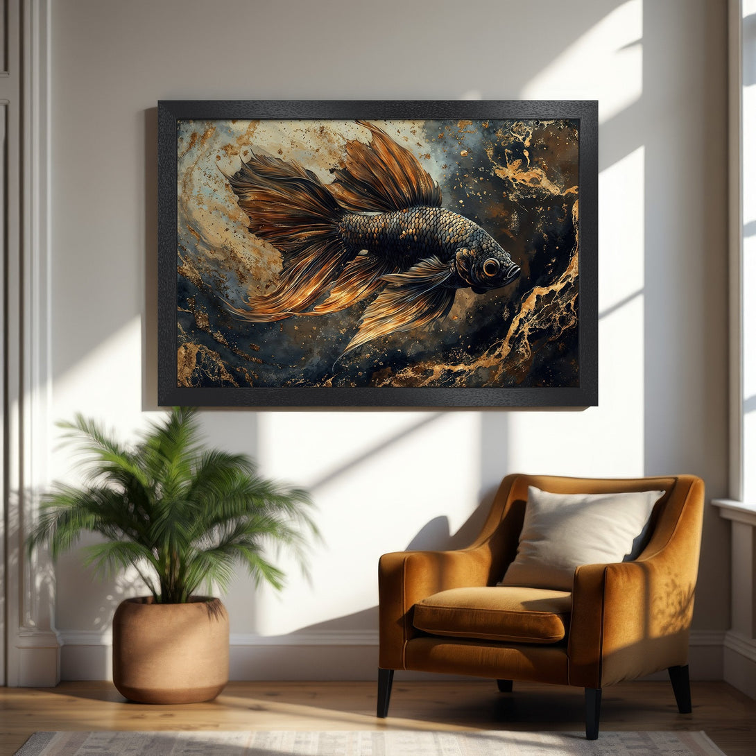 Framed Poster featuring a stunning betta fish art print in gold, black, and blue tones. Perfect wall decor!