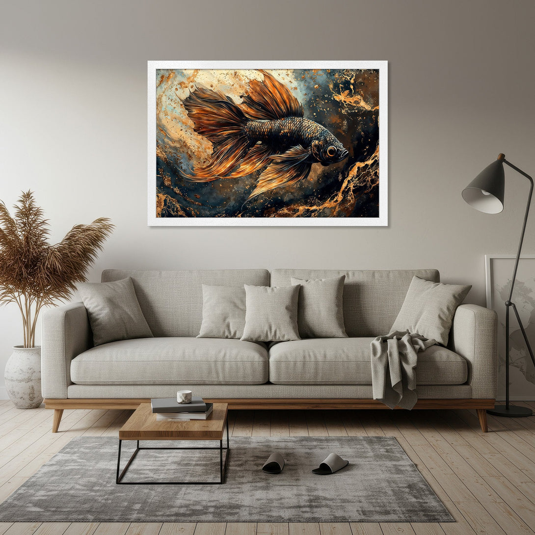 Framed Poster featuring a vibrant betta fish artwork. Artistic style with a gold, blue, and black color palette. Perfect wall decor!