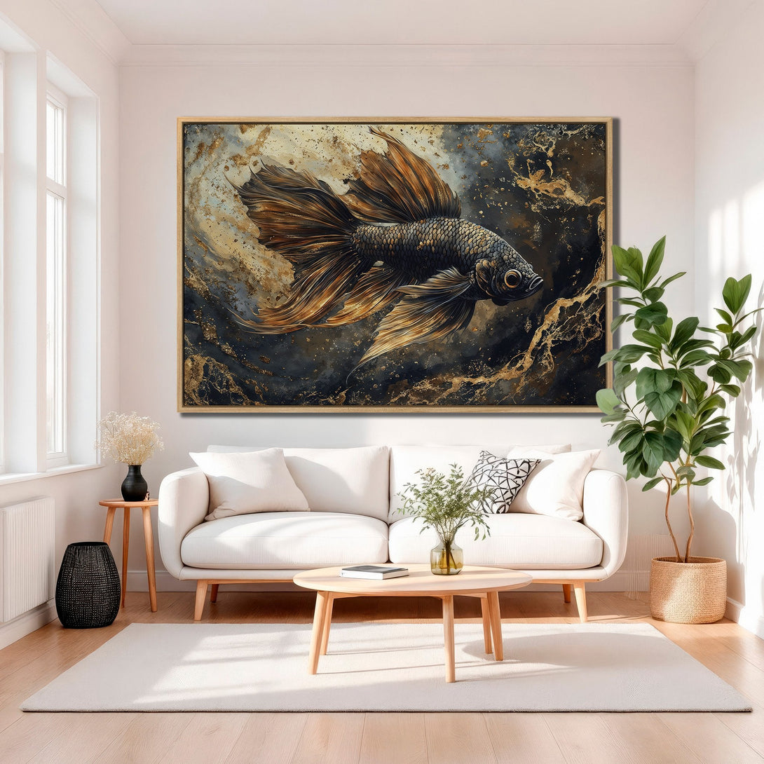 Framed Wall Art: Stunning betta fish painting in gold, black, and blue hues. Modern art canvas print adds elegance to any living room. Shop now!