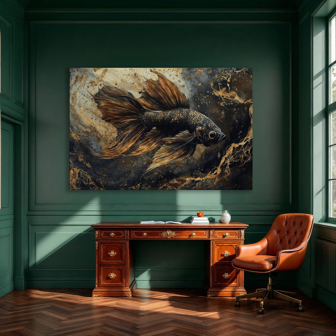 Framed Wall Art: Stunning betta fish canvas print in gold, black, & bronze. Modern art for your home. Shop now for unique wall decor!