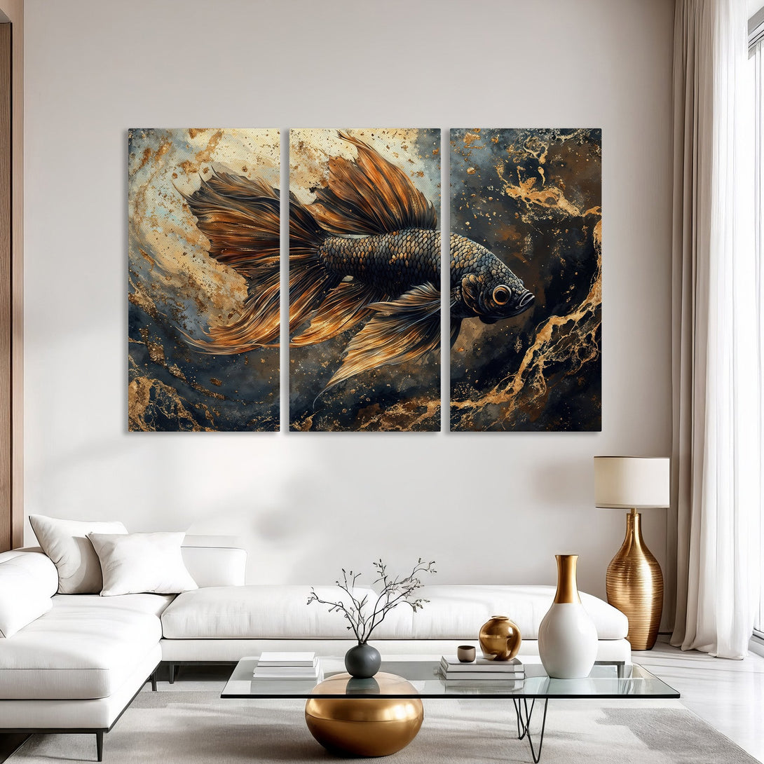 Canvas Print: Abstract betta fish art in gold, black, and bronze. Modern wall decor with a luxurious, artistic style. Perfect for living rooms.