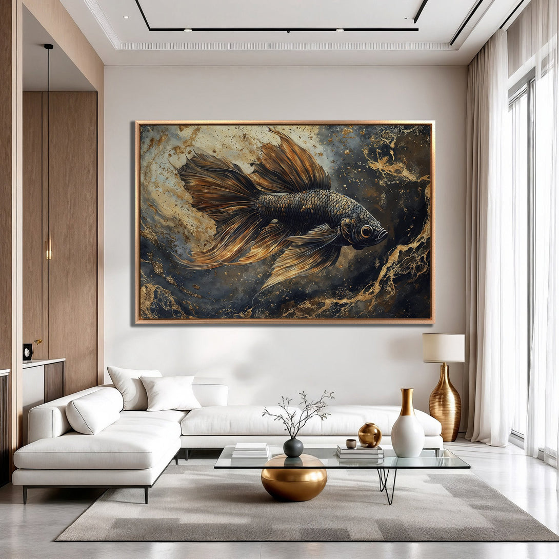 Framed Wall Art: Stunning abstract fish art in gold and black hues. Modern Canvas Print adds elegance to any interior space. Shop now!