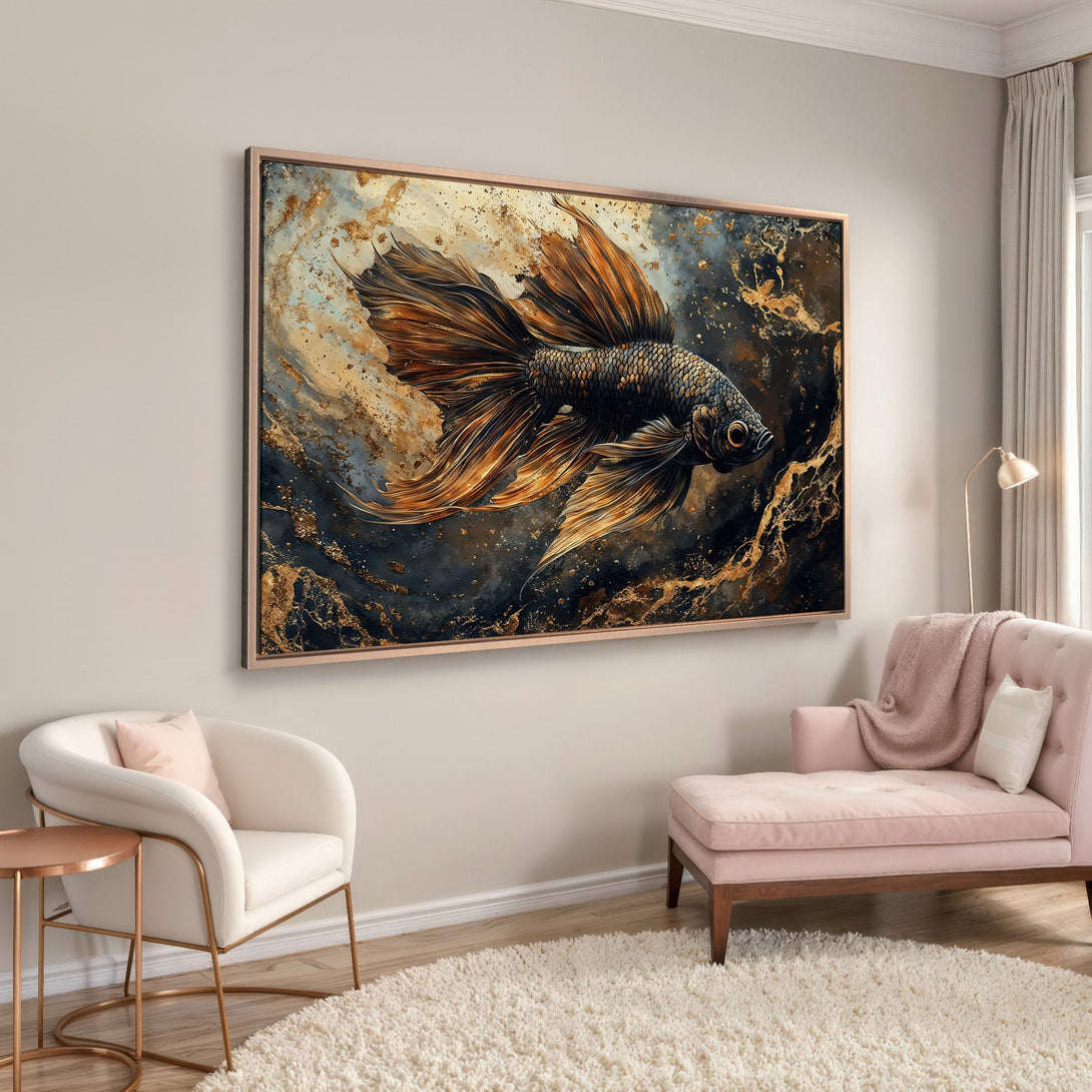 Framed Wall Art featuring a stunning black and gold betta fish. Modern abstract style with a dramatic dark, gold, and blue color palette. Perfect for home decor.