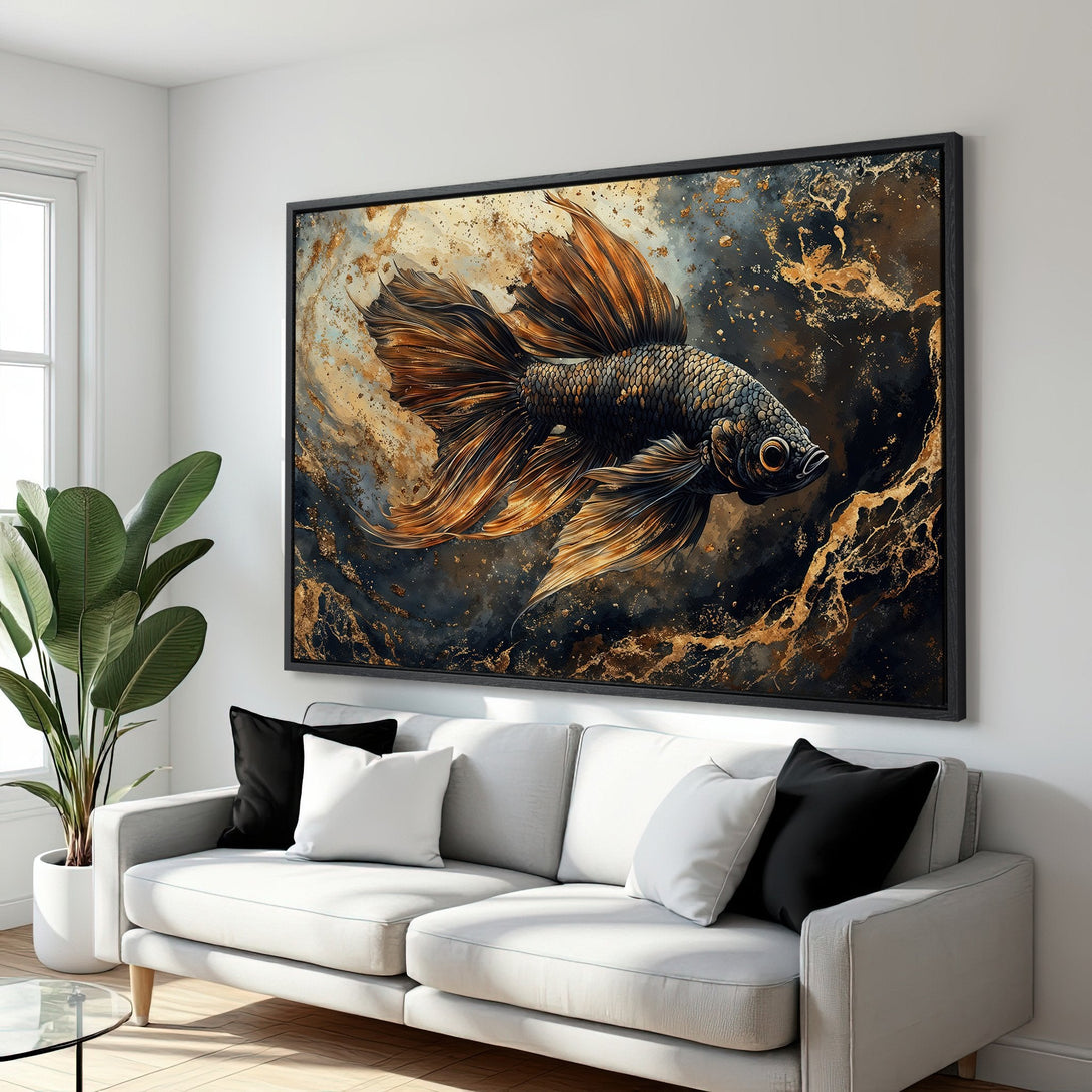 Framed Wall Art: Stunning betta fish canvas print in a modern interior. Features a dark, gold, and bronze color palette. Elevate your space with art!