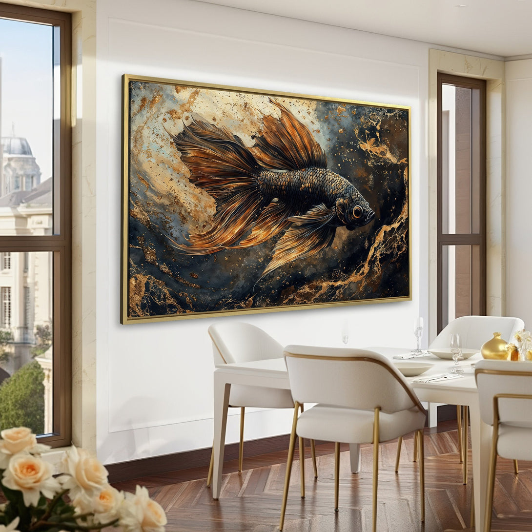 Canvas Print of a majestic betta fish in gold and black. Elegant wall art for a sophisticated interior.