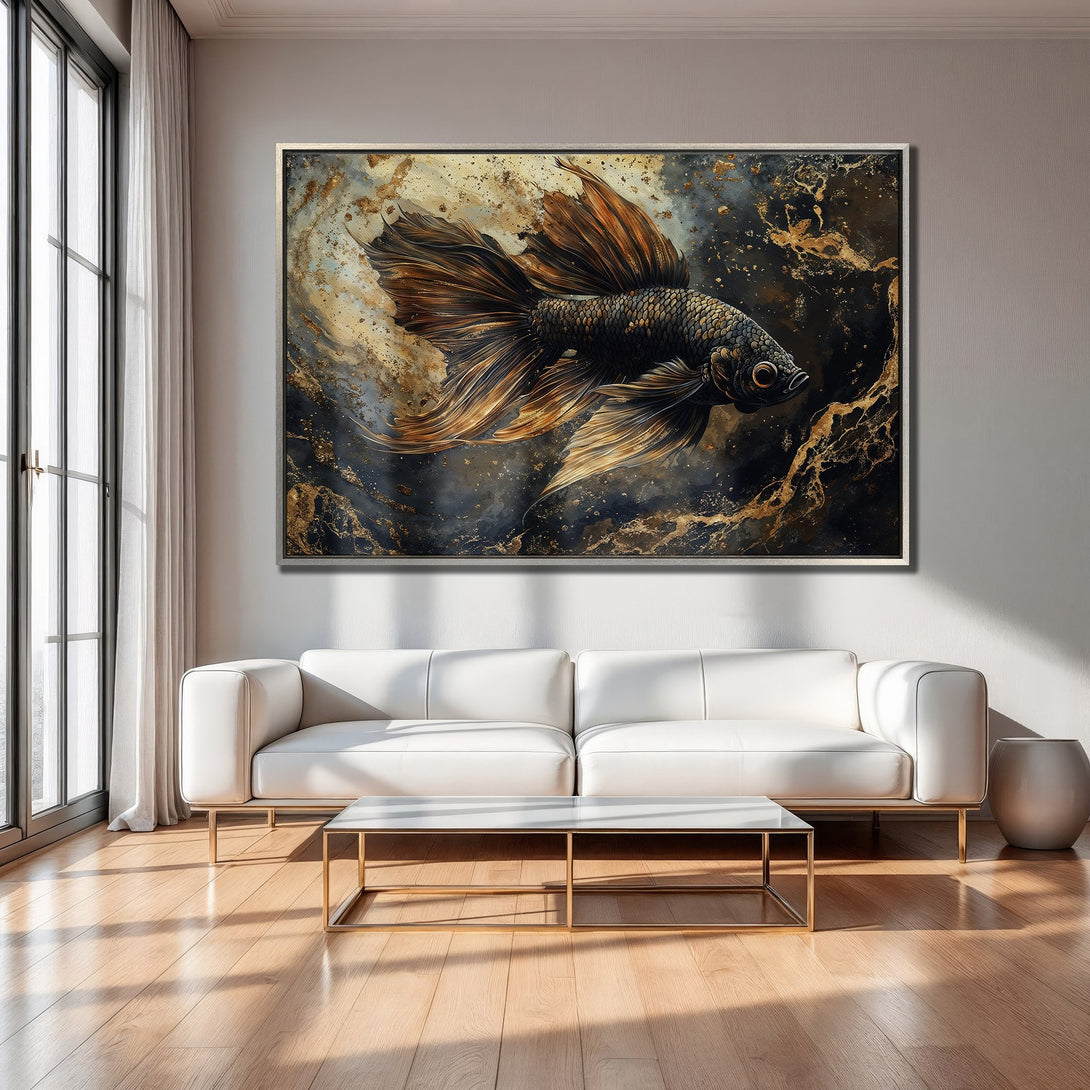 Framed Wall Art of a stunning black and gold betta fish. Luxurious abstract style, perfect for modern interiors. Add elegance to your space!