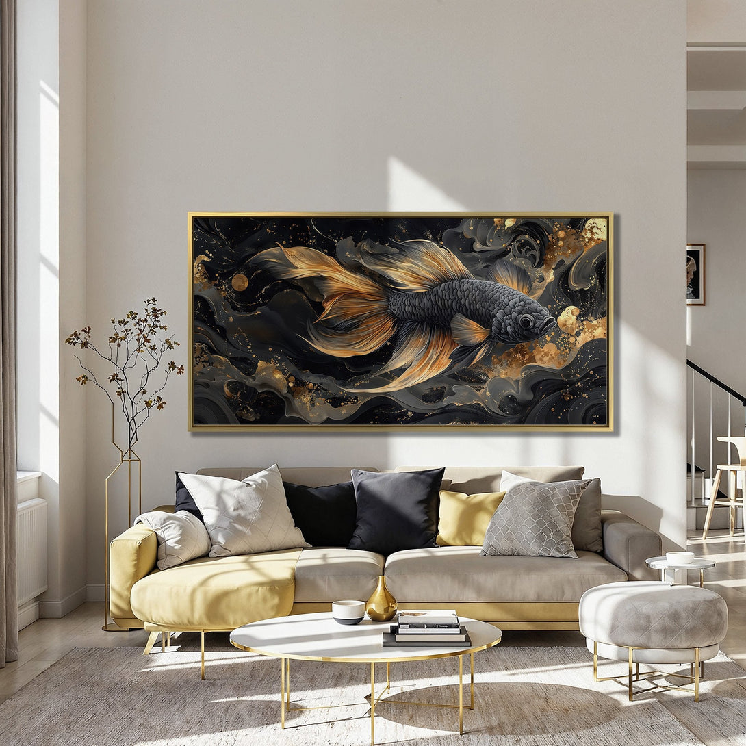 Canvas Print featuring an elegant black and gold fish artwork. Modern style with a luxurious gold and dark color palette, perfect for home decor.