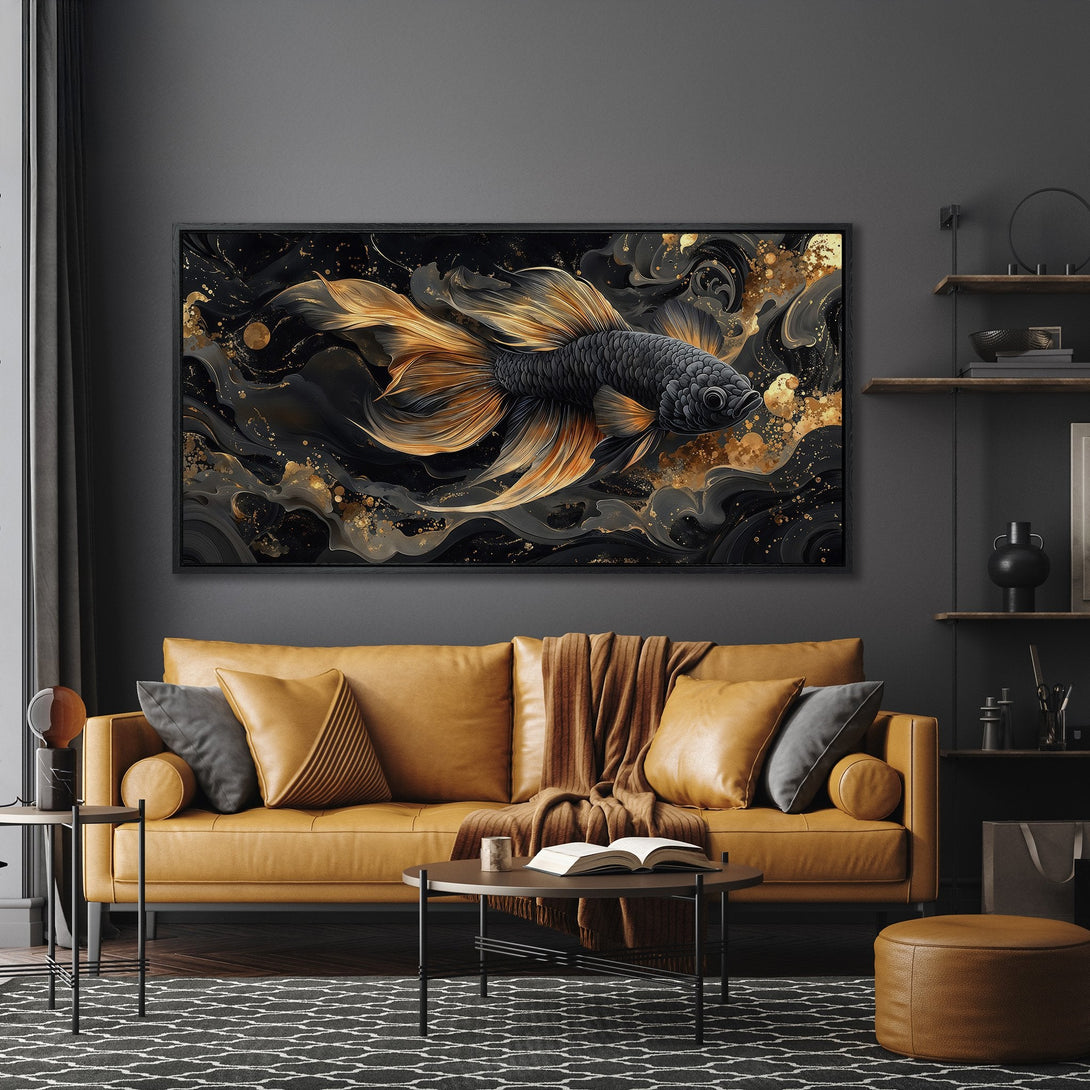 Framed Wall Art: Stunning betta fish canvas print in a modern style with a black, gold, and gray color palette. Elevate your space!