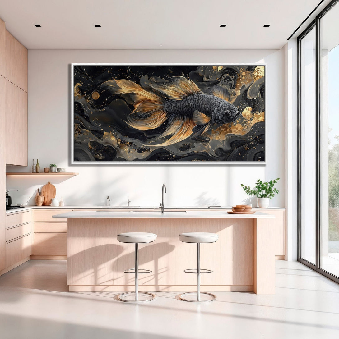 Framed Wall Art: Stunning betta fish canvas print in black, gold, and gray. Elevate your space with this modern, elegant artwork. Perfect for any room!
