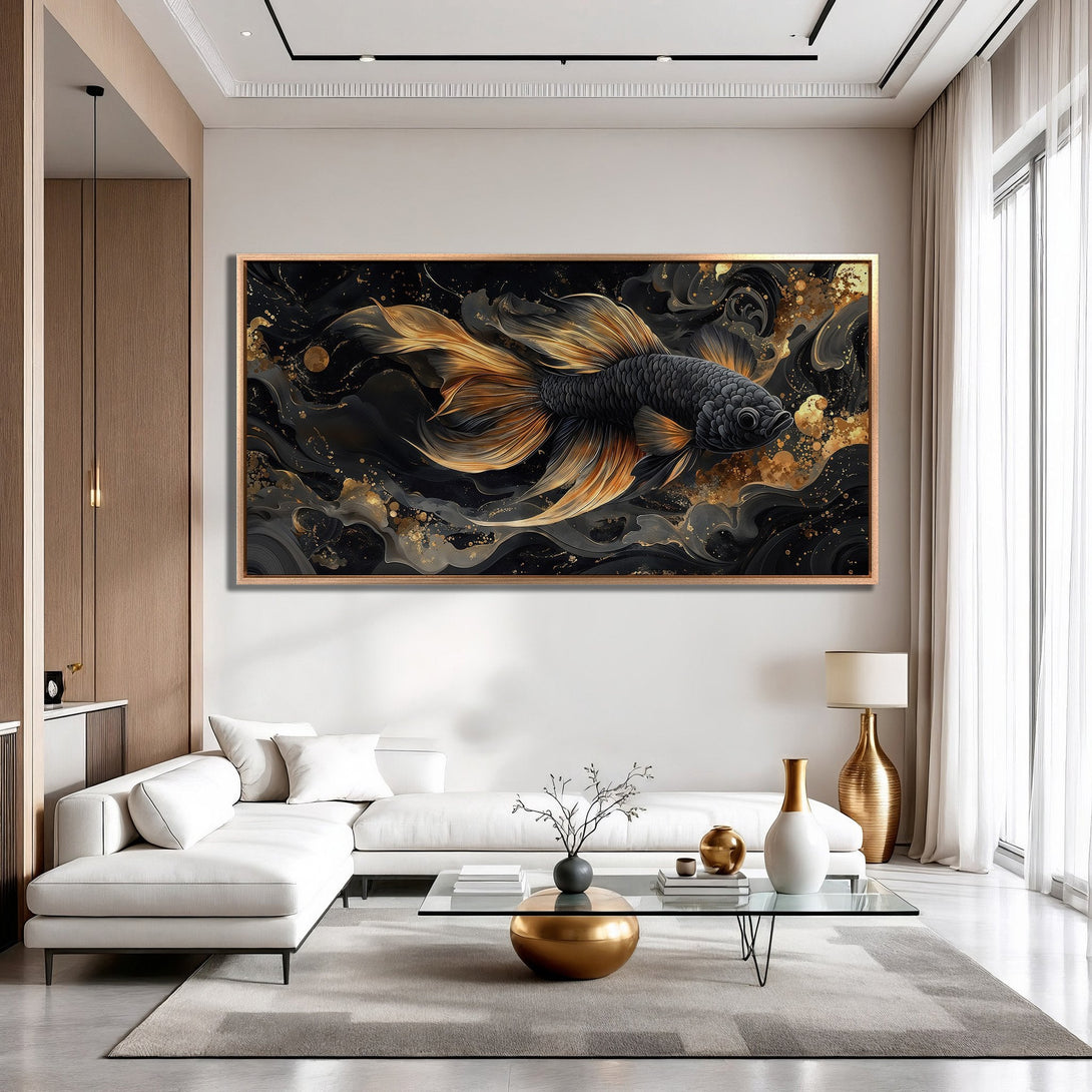 Framed Wall Art: Stunning black & gold betta fish canvas print. Modern art with a luxurious, elegant style. Perfect living room decor.