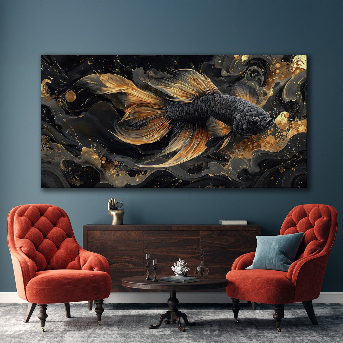 Framed Wall Art featuring a stunning betta fish in a dark, abstract style with gold and black accents. Perfect for modern home decor.